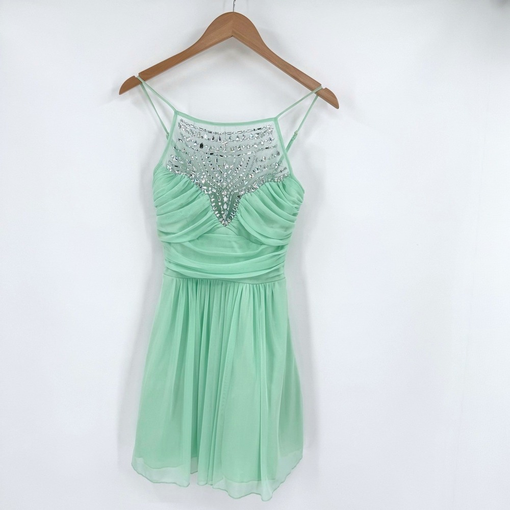 B. Darlin Mint Green Rhinestone Neckline Ruched Chiffon Midi Dress Juniors 7/8